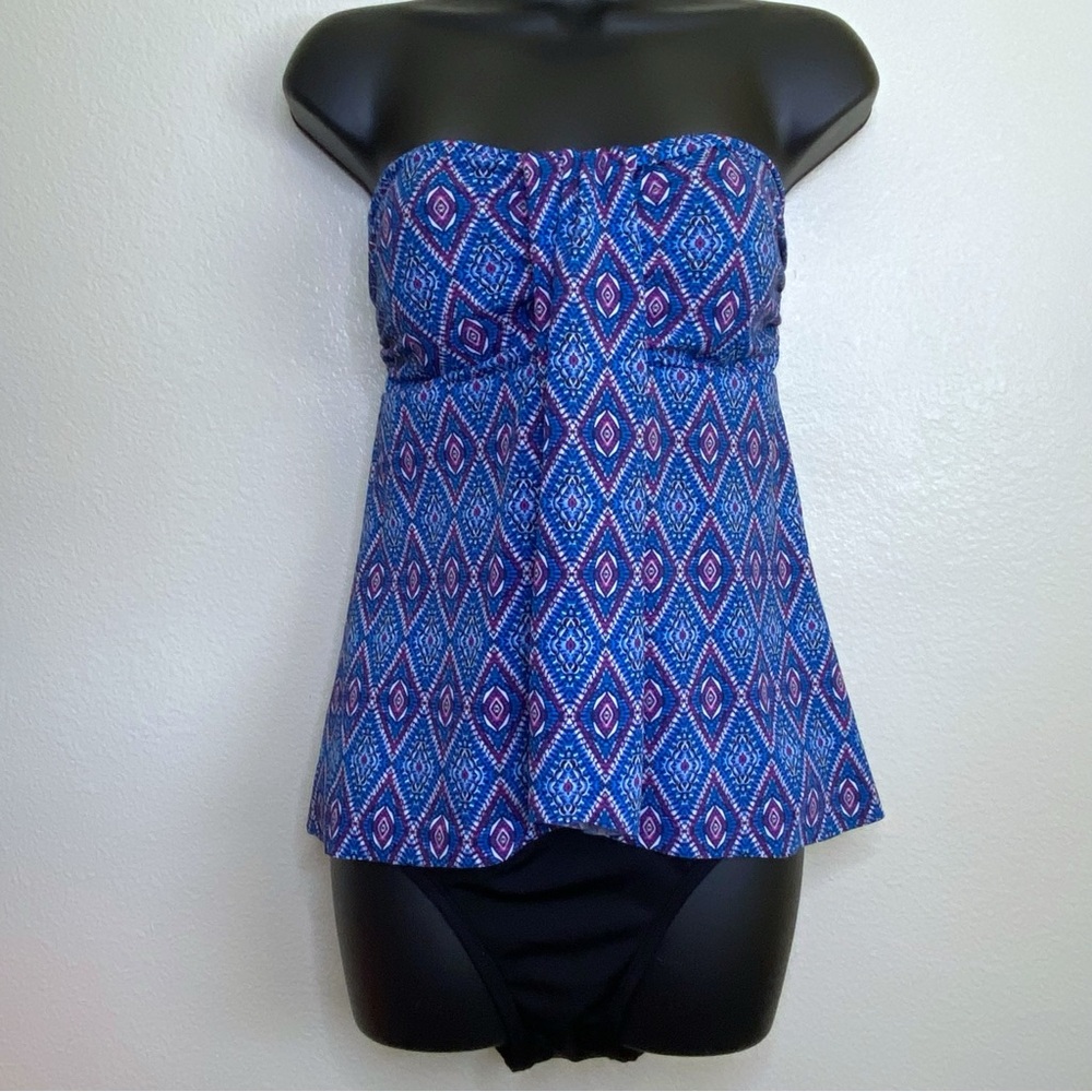 Jantzen Black and Blue Patterned One Piece Strapless Swimsuit Size 10